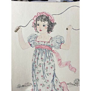 Ellen Nelson Colored Page Art Print Colonial Girl 17.5"x12" Vintage Jumping Rope